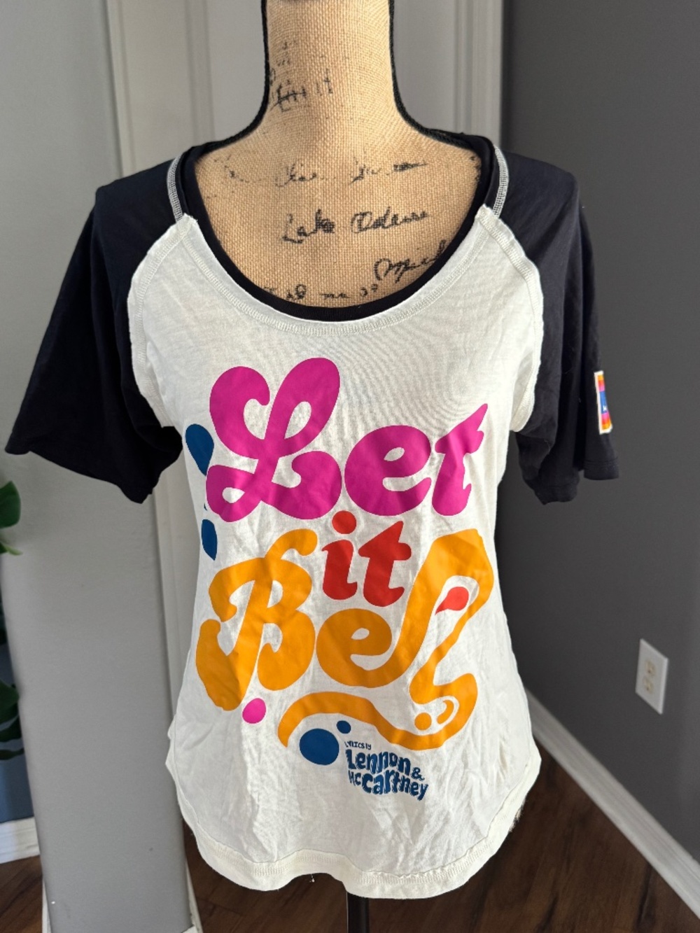 Zumba Wear Let It Be Lennon McCartney Graphic Tee Womens Medium Raglan T Shirt